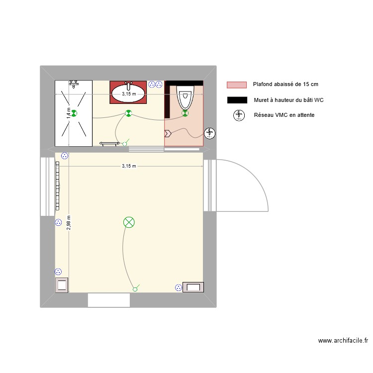 SAINT SAENS RDJ SDB ELEC. Plan de 2 pièces et 14 m2
