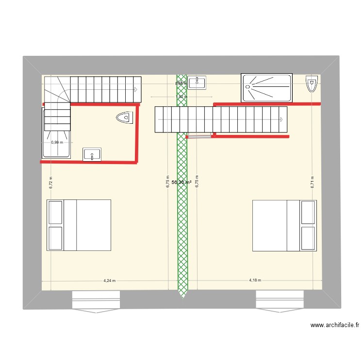 Plan étage avec deux escaliers 2. Plan de 1 pièce et 56 m2