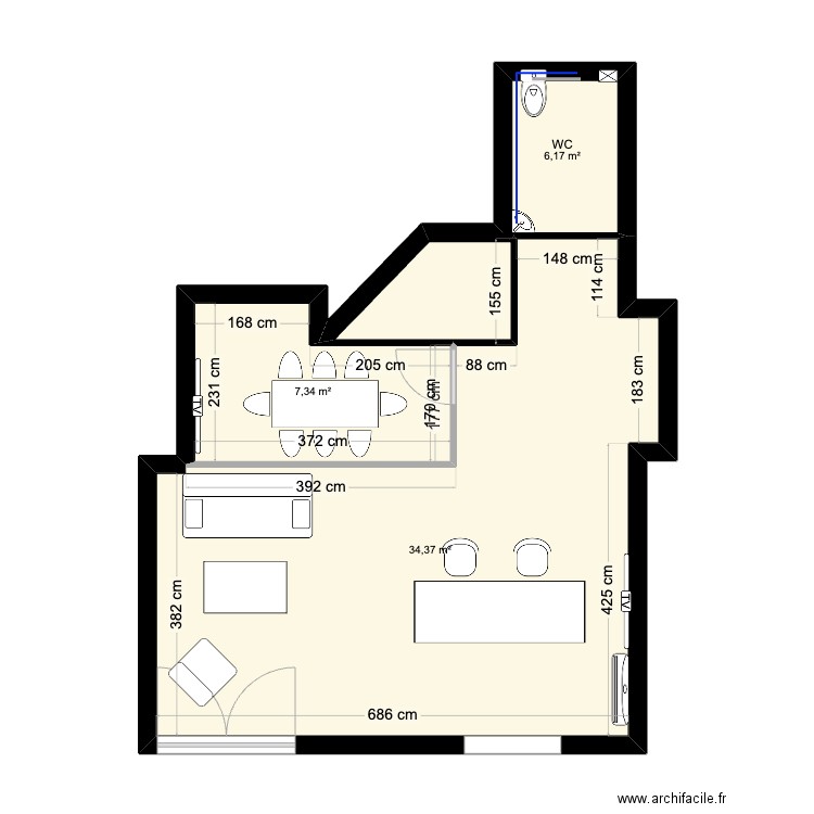 Local pro. Plan de 3 pièces et 48 m2