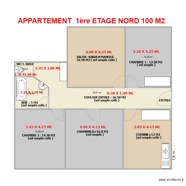 SCI LE POUZIN APPARTEMENT NORD 1 ETAGE. Plan de 8 pièces et 97 m2