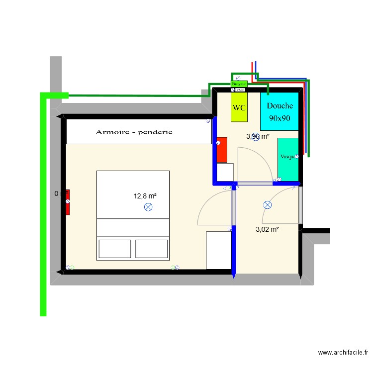Chambre bas. Plan de 4 pièces et 20 m2