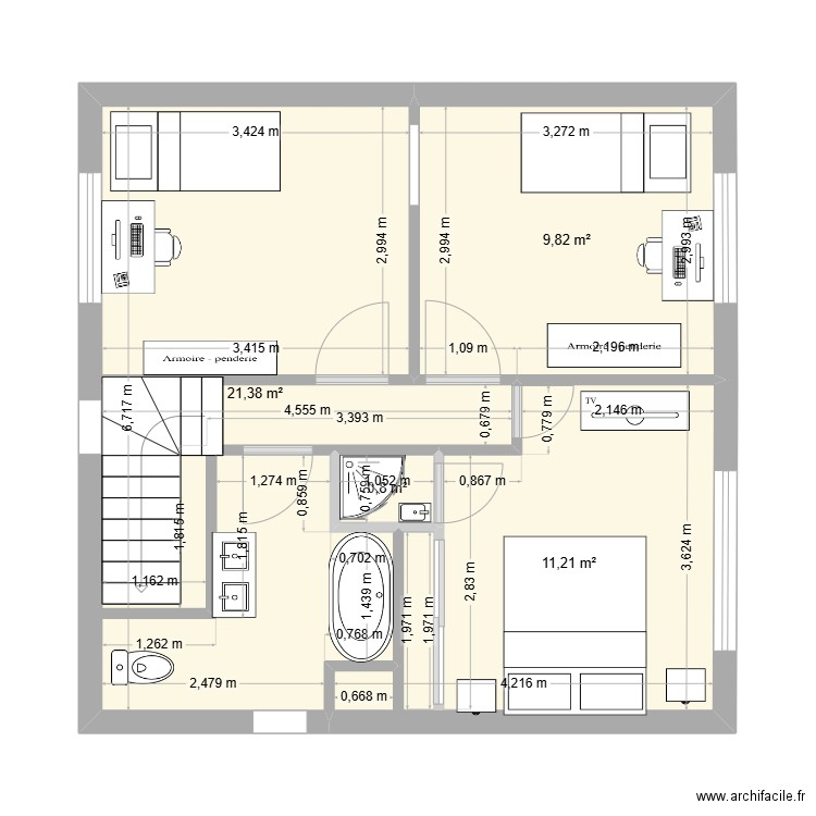 plan etage. Plan de 4 pièces et 43 m2