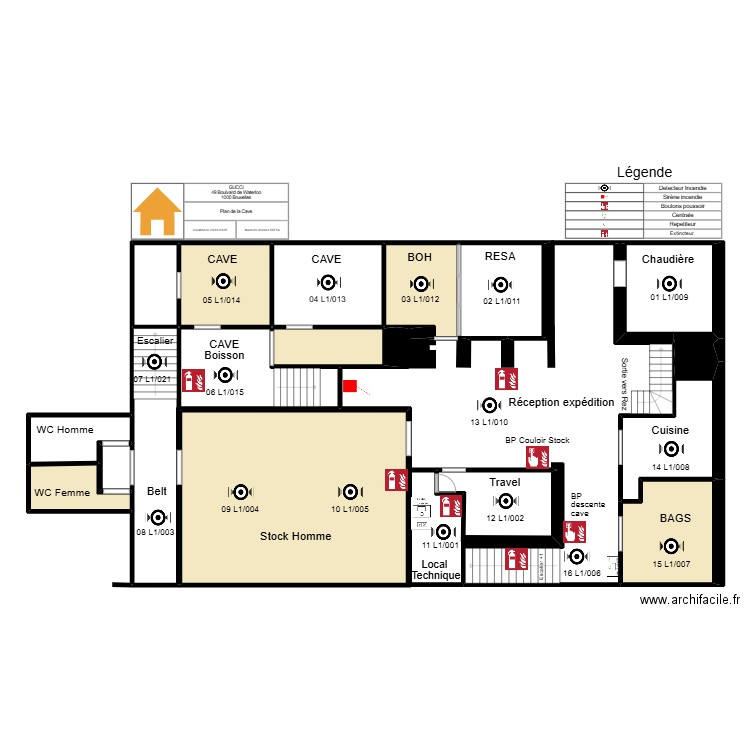 PLAN IMPLANTATION CAVE GUCCI. Plan de 14 pièces et 152 m2