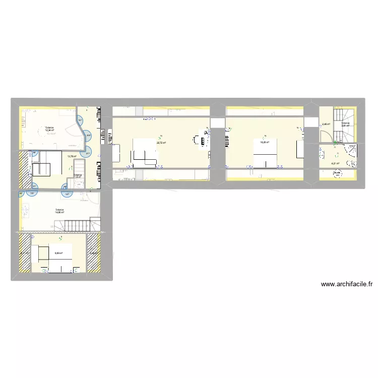 B&acirc;timent principal. Plan de 43 pièces et 397 m²