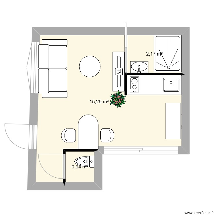 studio 2. Plan de 3 pièces et 18 m2