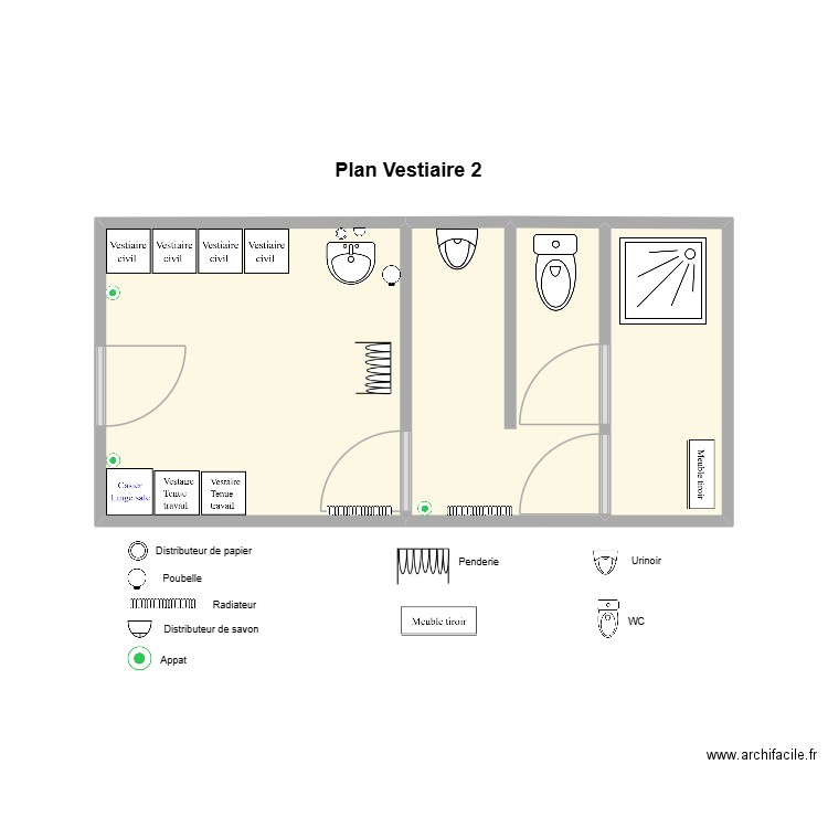 Vestiaire 2 ( ex-skare). Plan de 3 pièces et 17 m2