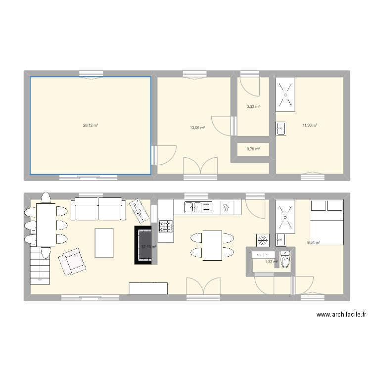 MJ RDC. Plan de 8 pièces et 97 m2