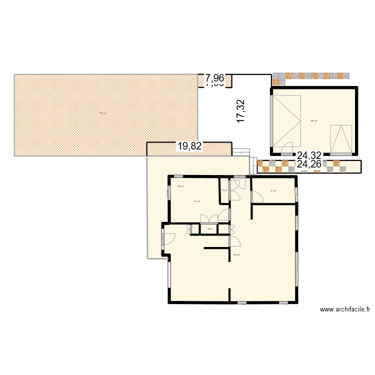 Salle à dîner et coin lounge. Plan de 10 pièces et 202 m2