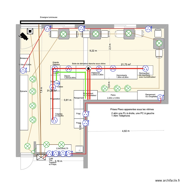 Patisserie. Ameublement gaines vitrines. Plan de 2 pièces et 53 m2