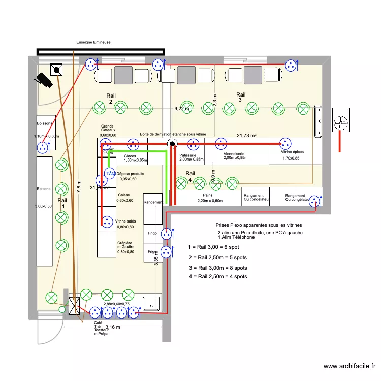 Patisserie. Ameublement gaines vitrines. Plan de 