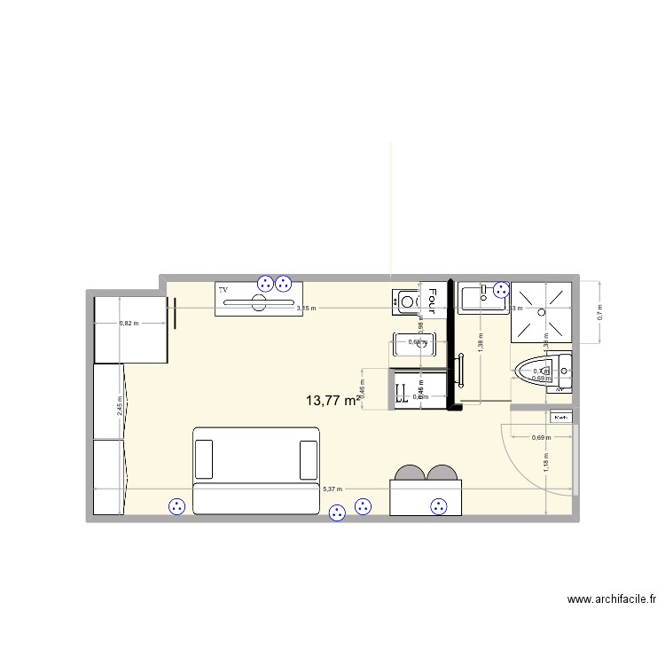 Conti2. Plan de 1 pièce et 14 m2