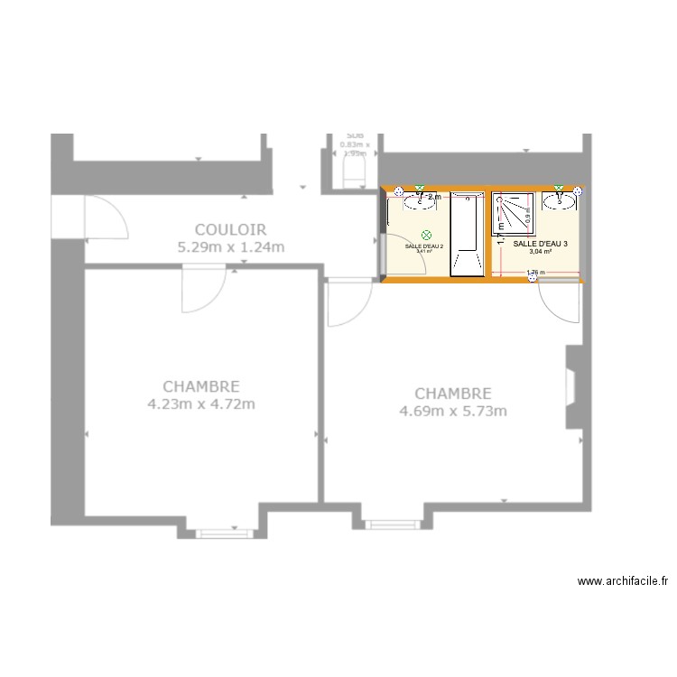 de cherge. Plan de 2 pièces et 6 m2