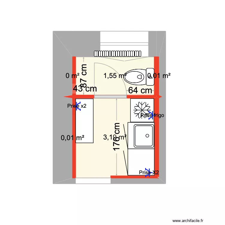 Toilette/cuisine 1er &eacute;tage. Plan de 5  et 5 m²
