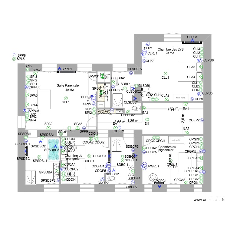 manoir premier étage . Plan de 2 pièces et 3 m2