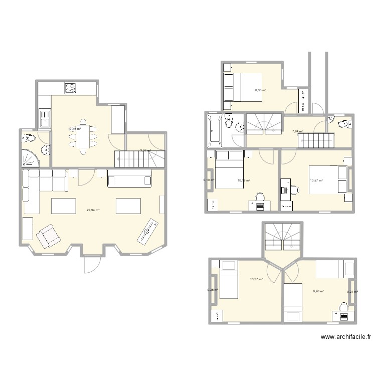 Cottage layout, bridge, two storey rear extension and existing extension raised and protected stair. Plan de 12 pièces et 110 m2