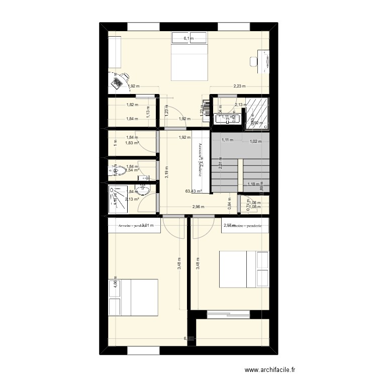 etage. Plan de 4 pièces et 69 m2