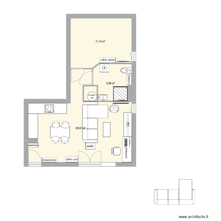 saint andree_chambre. Plan de 3 pièces et 43 m2