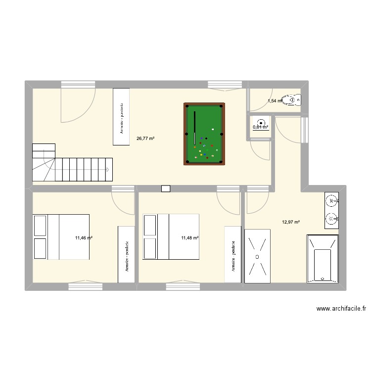 rdc chalet brut avec chambres et sae de jeu open space. Plan de 6 pièces et 65 m2