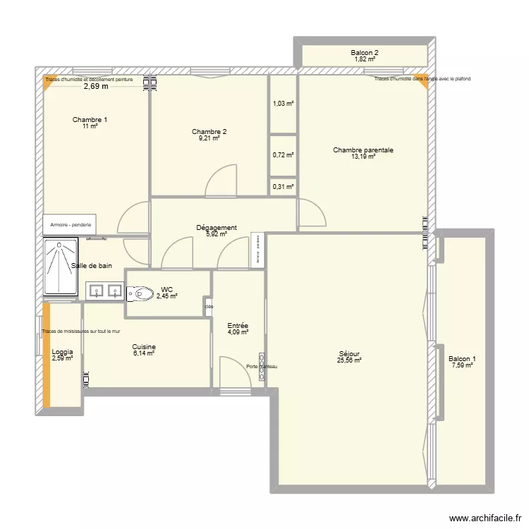 Infiltrations. Plan de 18  et 96 m²
