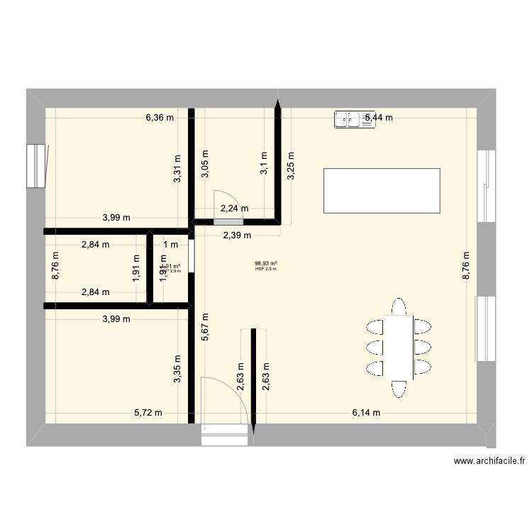 plein pied L. Plan de 2 pièces et 101 m2