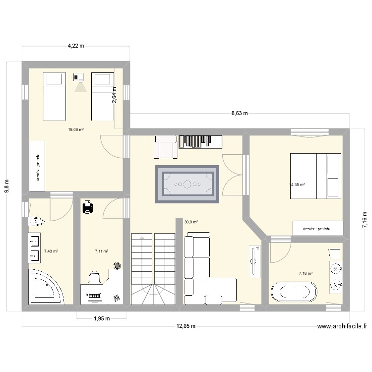 etage. Plan de 6 pièces et 85 m2