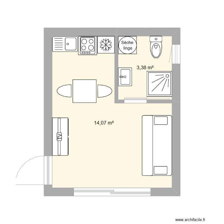 garage/studio. Plan de 2 pièces et 17 m2