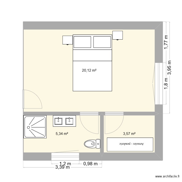 Schlafzimmer. Plan de 3 pièces et 29 m2