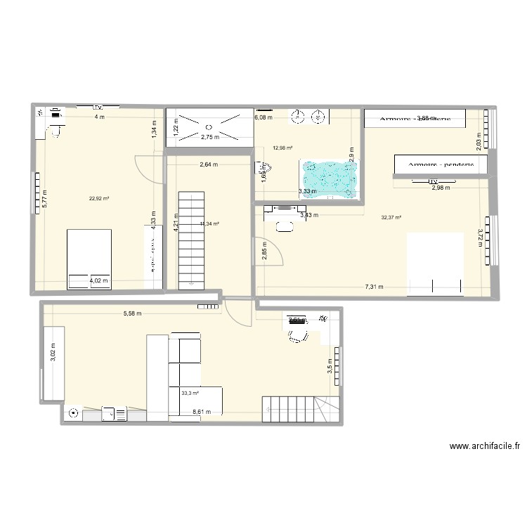 etage maison. Plan de 5 pièces et 113 m2