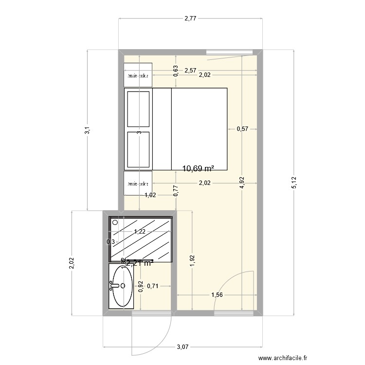 Chambre / Salle de bain VD. Plan de 2 pièces et 13 m2