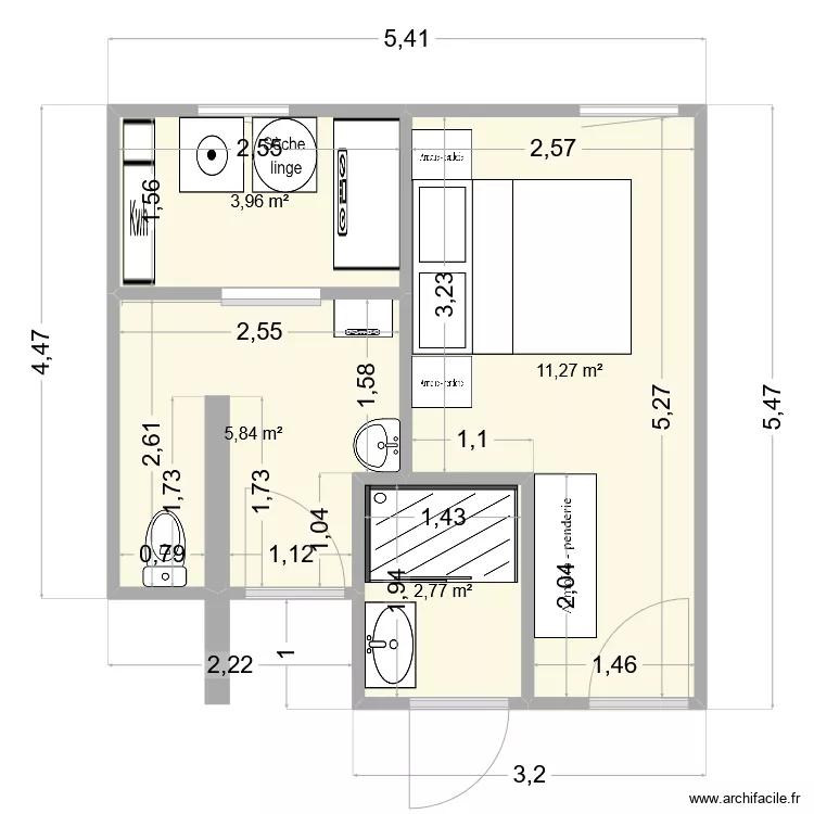 Chambre / Salle de bain VD. Plan de 