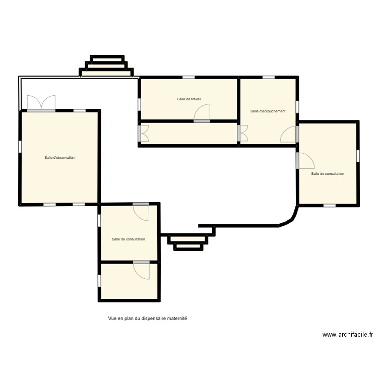 Vue en plan du dispensaire maternité. Plan de 11 pièces et 70 m2