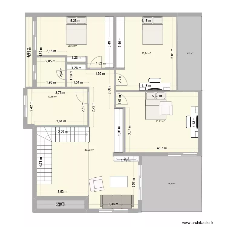 1ere &eacute;tage V2. Plan de 6 Pièces et 120 m²