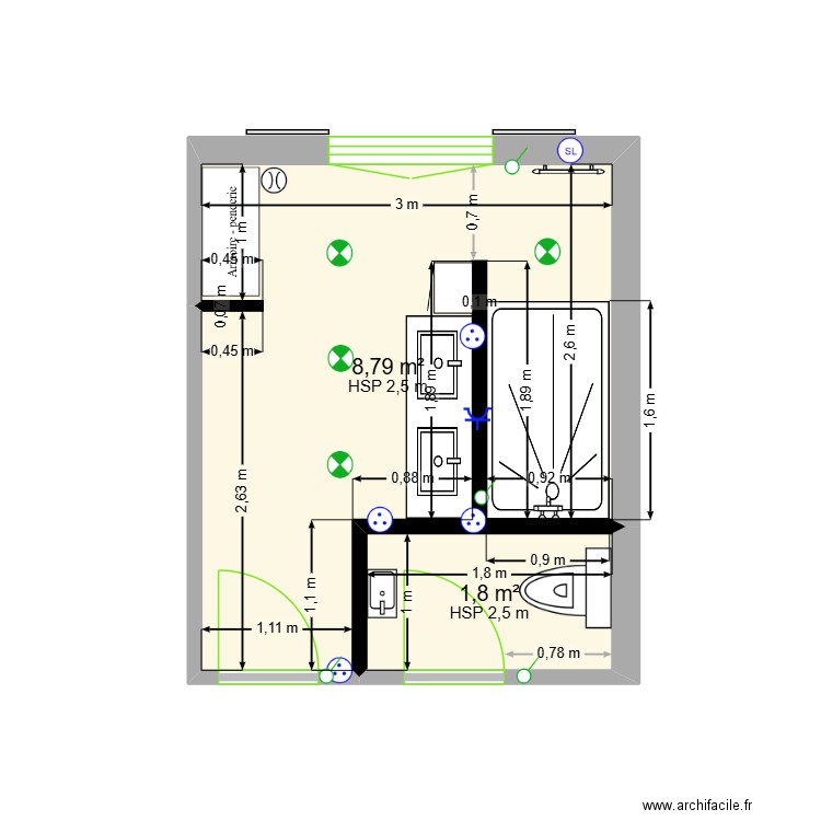 SDE + WC. Plan de 2 pièces et 11 m2
