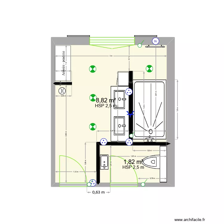SDE + WC. Plan de 2  et 11 m²