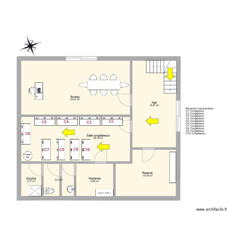 1 ER ETAGE FLUX PRODUITS FINIS. Plan de 7 pièces et 83 m2