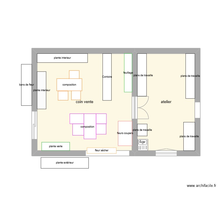 plan de la boutique JDF. Plan de 2 pièces et 32 m2