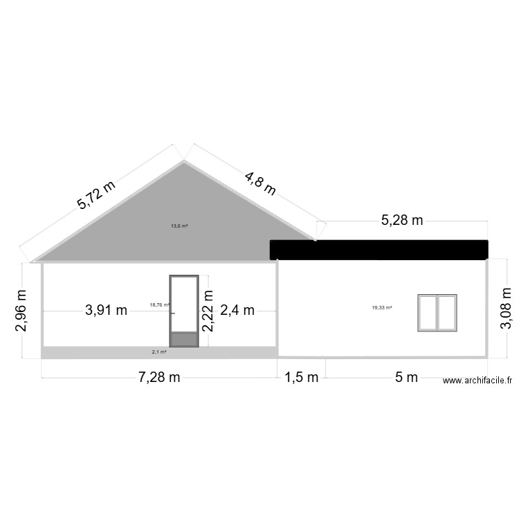 Plan facade Est garage 30m². Plan de 5 pièces et 57 m2