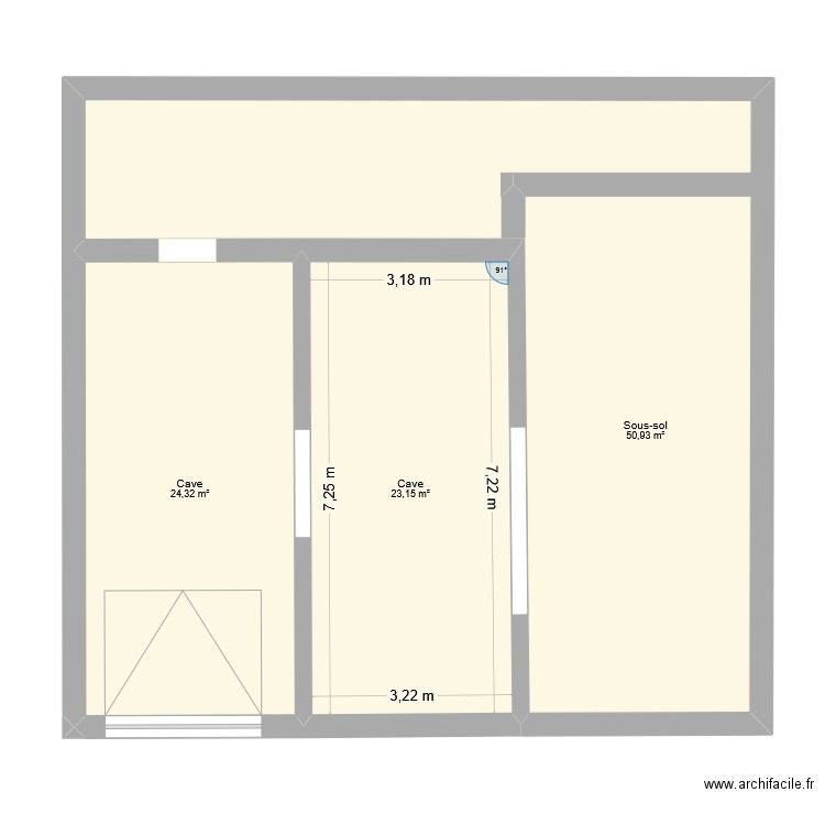 Sous sol. Plan de 3 pièces et 98 m2