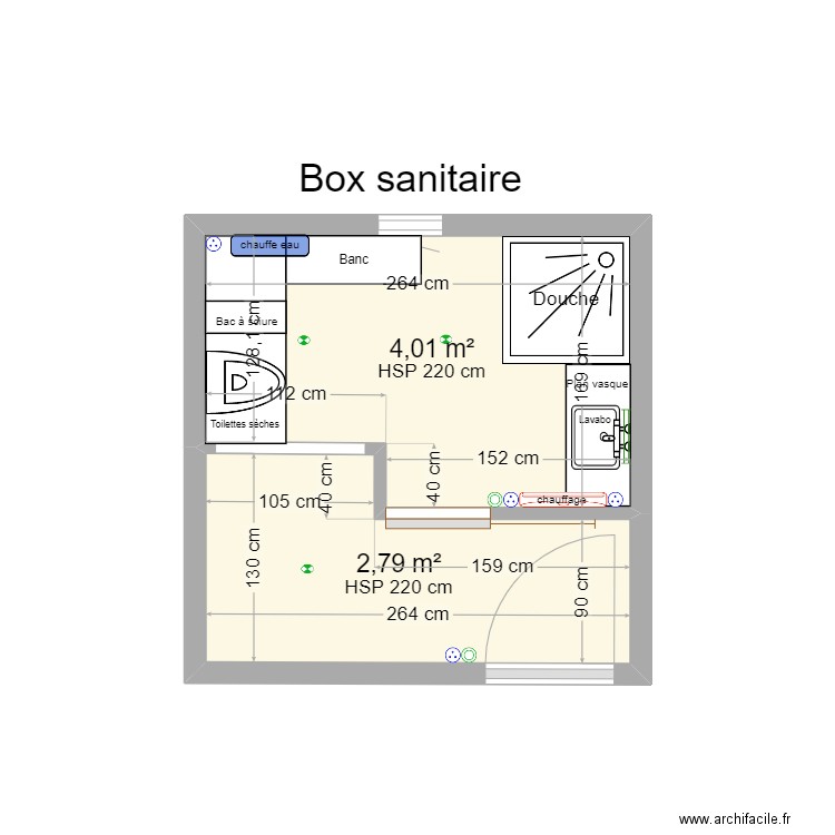 Box sanitaire. Plan de 2 pièces et 7 m2