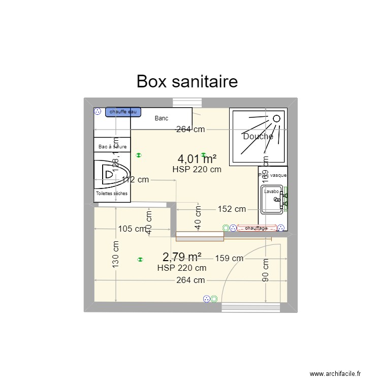 Box sanitaire. Plan de 2 pièces et 7 m2