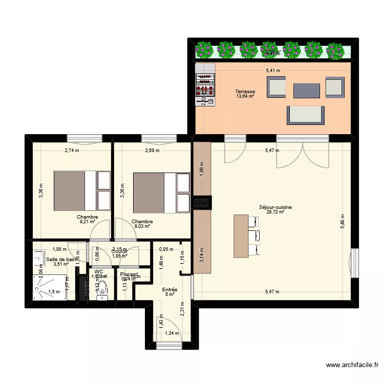 MEGE. Plan de 12 pièces et 77 m²