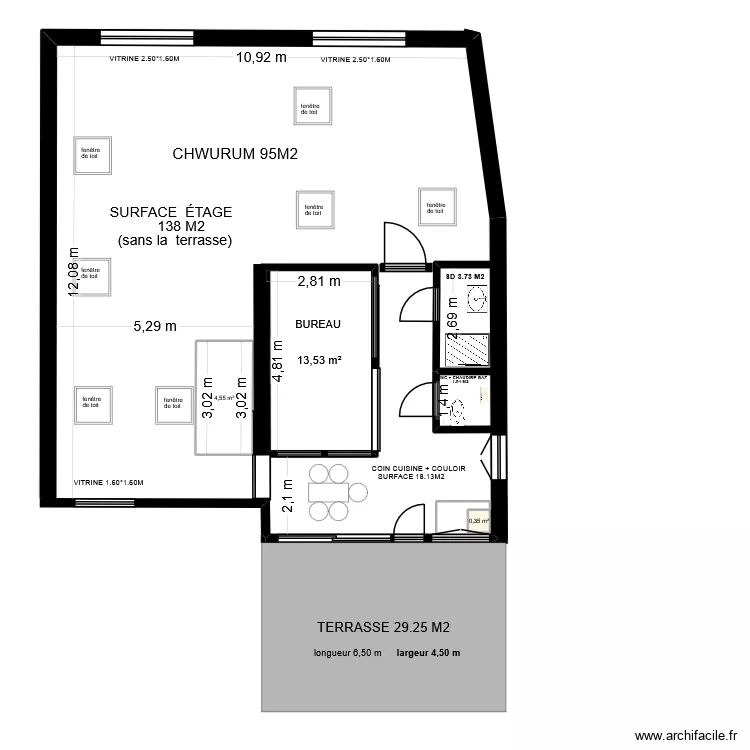 magasin. Plan de 3  et 18 m²