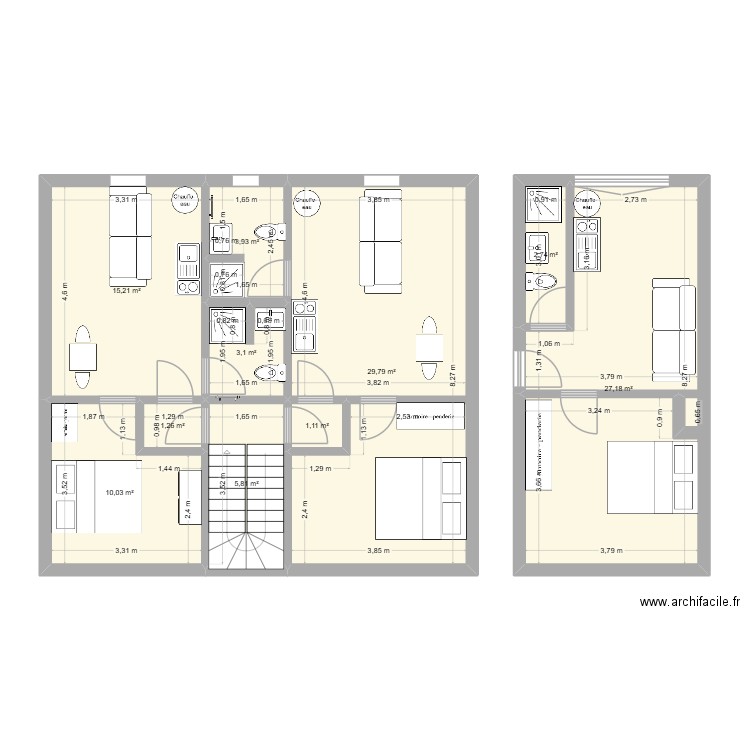 r+1  et rdc. Plan de 10 pièces et 100 m2