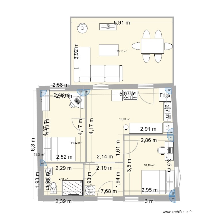 mur-BigZimmer. Plan de 6 pièces et 70 m2