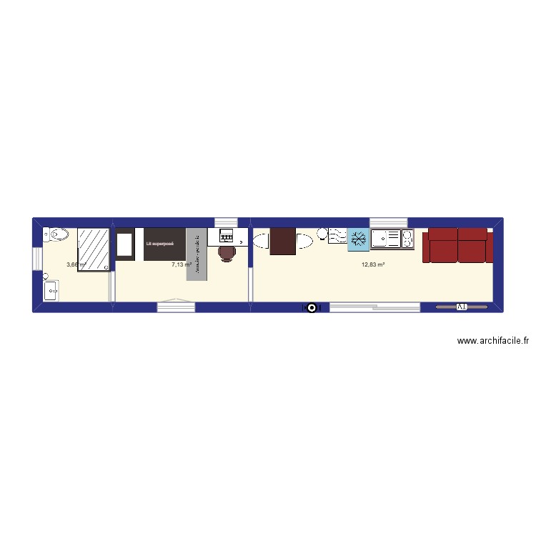 Plan container. Plan de 3 pièces et 24 m2