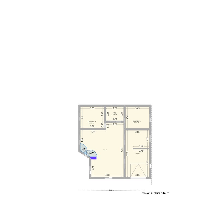 Plan finalisé vierge entrée sud avec dressing. Plan de 5 pièces et 100 m2
