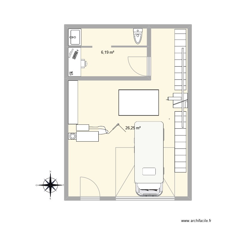 atelier. Plan de 2 pièces et 32 m2