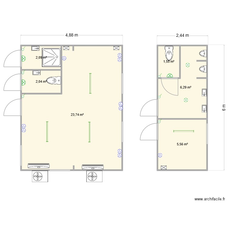 caribus phase 2 1 SR + 1 Sanitaire. Plan de 6 pièces et 41 m2