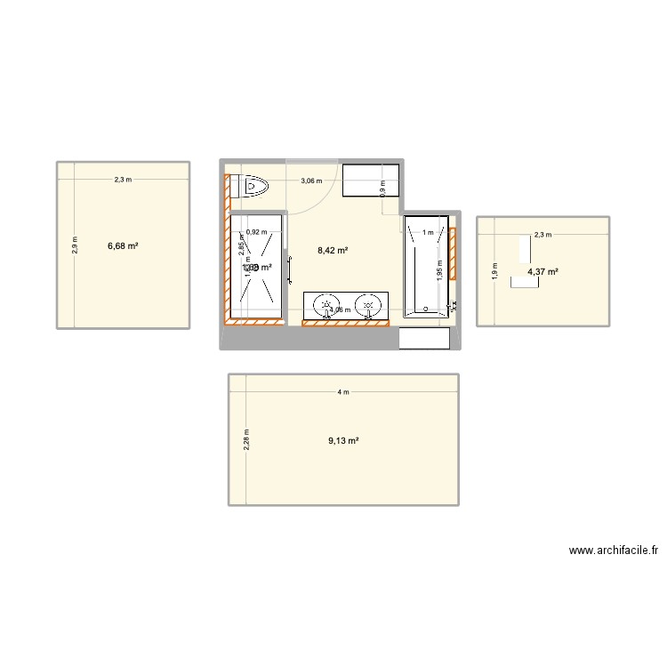 Sdb haut. Plan de 5 pièces et 33 m2