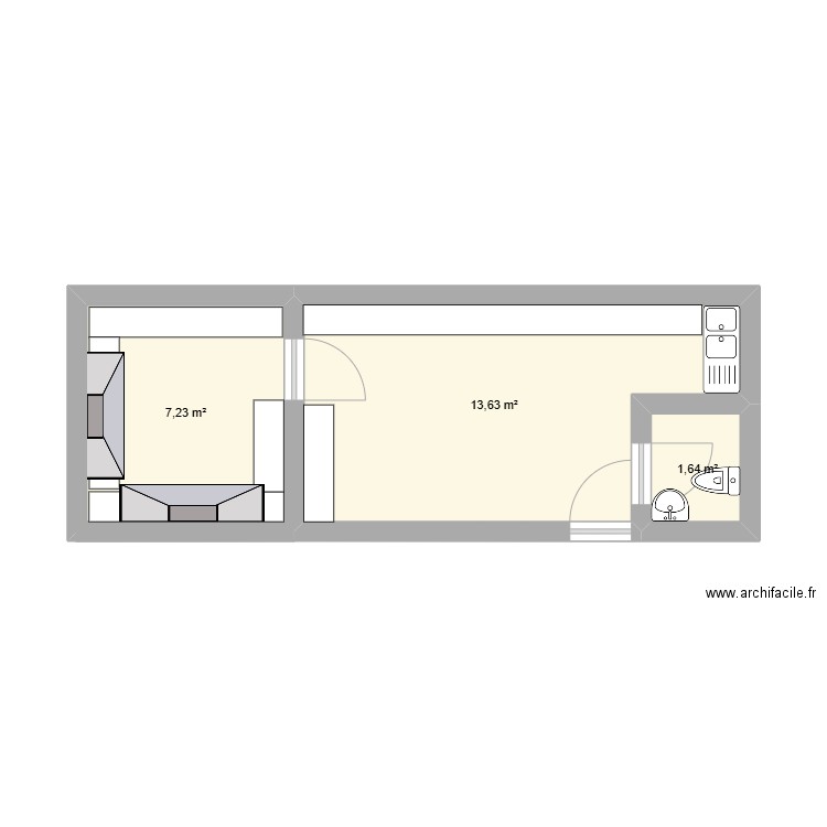 Modulaire pour restaurant. Plan de 3 pièces et 23 m2